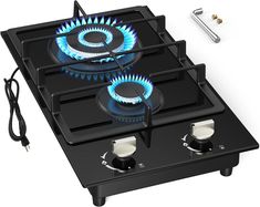 two black burners with blue flames on them and one is plugged into an outlet