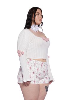 Plus Size Sugar Thrillz Regency Rosette Pointelle Long Sleeve Top - White – Dolls Kill Plus Size Kawaii Fashion, Plus Size Kawaii, Construction Fabric, Fabric Rosette, Sugar Thrillz, Corset Mini Dress, Pointelle Knit, Pink Sugar, High Society