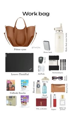 work bag essentials #workbag #officewear #office #Thatgirl #girlbosslife Office Bag Essentials, Office Essentials Women, Work Bag Essentials, Purse Necessities, Everyday Bag Essentials, University Bag, Work Purse, Inside My Bag, Work Handbag