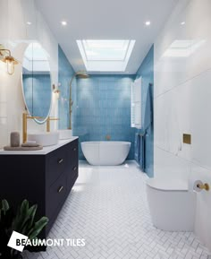 a blue and white bathroom with skylights above the bathtub, toilet and sink