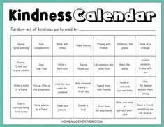 the kindness calendar with words and pictures on it