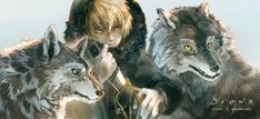 two wolf like creatures standing next to each other in front of a person with yellow eyes