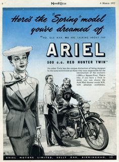 an advertisement for ariel motor cycles shows a woman on a motorcycle with another woman standing next to her