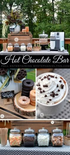 an assortment of desserts and treats on display at a picnic table with the words, hot chocolate bar