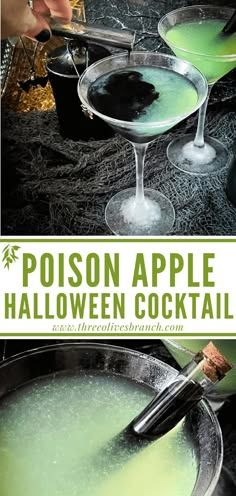 Halloween drinks Poison Apple Martini, Poison Apple Cocktail, Green Apple Cocktail, Drink Essentials, Rum Sour, Cinnamon Schnapps, Ghouls Night, Halloween Party Drinks