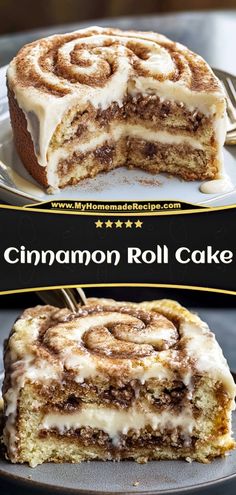 a cinnamon roll cake on a plate with a fork in it and another slice cut out