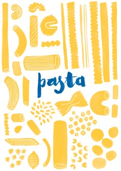 the words pasta written in blue and yellow are surrounded by different types of pasta ingredients