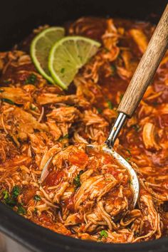 The finished and shredded salsa chicken being stirred inside slow cooker. Shredded Salsa Chicken, Three Esta, Slow Cooker Salsa Chicken, Slow Cooker Salsa, Slow Cooker Shredded Chicken, Salsa Chicken, Crockpot Meals, Shredded Chicken, 3 Ingredients