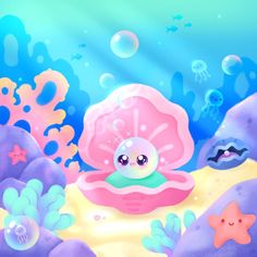 an underwater scene with sea animals and bubbles