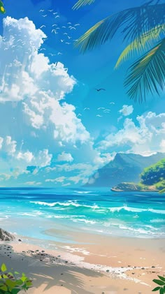 a painting of a beach with palm trees and blue water in the background, under a partly cloudy sky