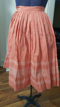 "Vintage 1950s era checkered cotton skirt. Handmade, embroidered, red and white. Side button/zip close. Full skirt. Can be lengthened. Size Small (waist 24\", length 24\"). FREE SHIPPING" Vintage Red Cotton Skirt, Gingham Cotton Skirt For Picnic, Plaid Cotton Skirt For Picnic, Cotton Gingham Skirt For Picnic, Vintage Plaid Cotton Skirt, Retro Gingham Cotton Skirt, Retro Plaid Cotton Skirt, Tapestry Handbags, Cotton Skirt