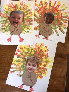 three children's handprints with different pictures of their faces and hands on them