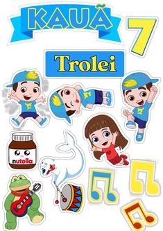 various stickers that include children's avatars and musical instruments, with the words kaua 7 trolei