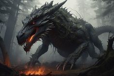 a dragon with red eyes is in the woods by some trees and fire blazing around it