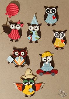 a group of owls sitting on top of a table next to each other with hats and balloons