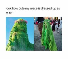 two pictures with people dressed in green and one has a woman's head made out of grass