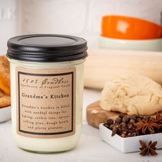 GRANDMA'S KITCHEN-14OZ JAR CANDLE Old Wooden Kitchen, Soybeans Plant, Soy Wax Flakes, Wooden Kitchen Table, Flameless Tea Lights, Grandma's Kitchen, Fresh Baked Cookies, Grandmas Kitchen, Wax Tarts