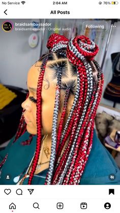 Red And Gray Braids, Gray Locs, 2024 Braids, Light Red Hair Color, Colorful Braids, Color Braids, Light Red Hair, Braiding Hair Colors, Black Box Braids