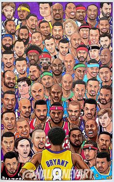 an image of a basketball player surrounded by many other people's faces, including the lakers