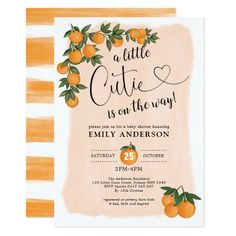 an orange themed baby shower is shown with the words, little citrus is on the way