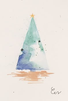 a watercolor painting of a christmas tree with stars on it's top and bottom