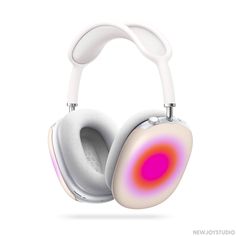 a pair of white headphones with pink and orange circles on them, against a white background