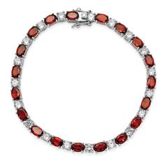 Sterling Silver Polished Finish Garnet and Cubic Zirconia Bracelet with Box Catch Clasp Elegant Red Bangle Bracelets, Elegant Red Bangle Bracelet, Elegant Red Round Bracelets, Luxury Red Sterling Silver Bracelets, Elegant Red Jubilee Bracelet, Luxury Red Tennis Bracelet As Gift, Red Oval Tennis Bracelet Fine Jewelry, Elegant Red Ruby Bracelets, Red Oval Fine Jewelry Tennis Bracelet