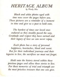 an old book page with the words heritage album written in black and white ink on it