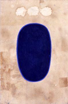 an abstract painting with blue oval shapes and white clouds in the sky over a tan ground