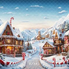 a painting of a christmas village with candy canes