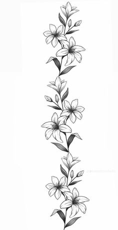 a black and white drawing of flowers with leaves on the stems, against a white background