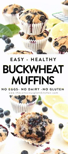 easy healthy buckwheat muffins with blueberries and lemon on top