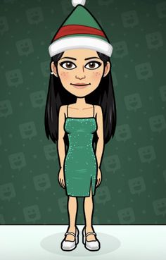 a cartoon girl wearing a santa hat and green dress with her hands in her pockets