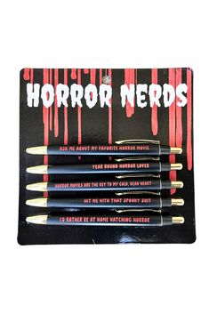 four black and red pencils with the words horror nerds on them