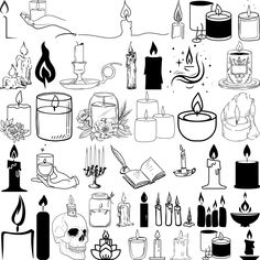 black and white illustrations of candles, books, skulls and other items for halloween decorations