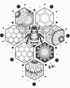 a black and white drawing of bees surrounded by hexagons, sunflowers and honeycombs