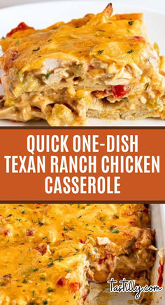 a casserole dish with chicken in it and the words, quick one - dish tex ranch chicken casserole