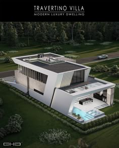 an aerial view of a modern luxury dwelling in the middle of a lush green area