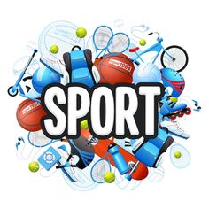 the word sport surrounded by various sports equipment and tennis balls on a white background illustration