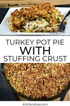 Collage of piece of turkey pot pie on plate at top and overhead shot of turkey pot pie in skillet at bottom. Leftover Turkey Dinner Ideas, Rotisserie Chicken And Stuffing, Stuffing Crust, Chicken And Stuffing, Turkey Leftovers, Thanksgiving Leftover, Thanksgiving Leftover Recipes, Turkey Pot, Turkey Pot Pie