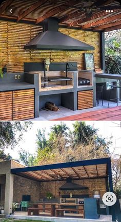 an outdoor kitchen is built into the side of a house with wood and metal accents