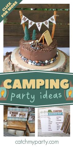 Check out this camping-themed birthday party for twins! The cakes are amazing! See more party ideas and share yours at CatchMyParty.com Explorer Party Ideas, Campout Party, Explorer Party, Explorer Birthday Party, Outdoor Camping Party, Camp Birthday