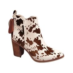 Elevate Your Style With Our Mia Patton Cow Print Boots. These Luxurious Booties Feature A Sophisticated Cow Print, Adding A Touch Of Elegance To Any Outfit. The Perfect Statement Piece For The Fashion-Forward Individual. Step Out In Style And Make A Bold Statement With These Exclusive Boots. Cowprint Ankle Boots, Styling Cow Print Boots, Cow Print Ankle Boots, Cow Print Boots, Print Boots, Mia Shoes, Boot Print, Cow Print, Bootie