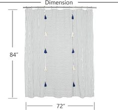 the measurements for a shower curtain with blue pinstripe on it, and an area rug