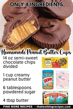 chocolate peanut butter cups with text overlay that reads, only 4 ingredients homemade peanut butter cups