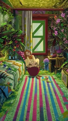 a painting of a woman sitting on a chair in a room filled with plants and flowers