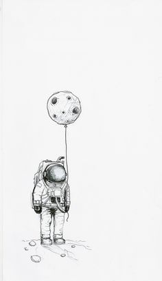 an astronaut with a balloon attached to his back standing on the moon, looking up into the sky