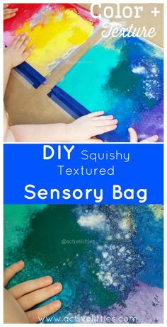 kids are painting with colorful paint and text that says diy squishy textured sensory bag