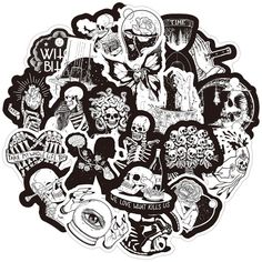 a bunch of stickers that are in the shape of a skull and other things