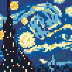 an image of the starry night as seen through pixellated images in this art project